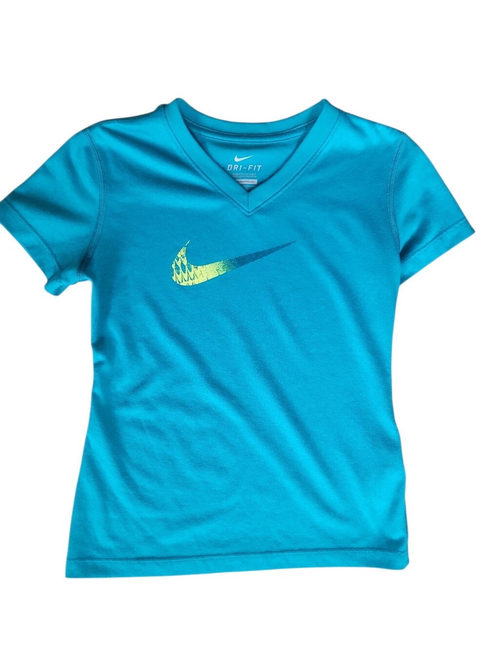 Nike Dri-Fit Girls V-Neck Teal Blue Polyester Yellow Graphic T-Shirt Youth Sz XS